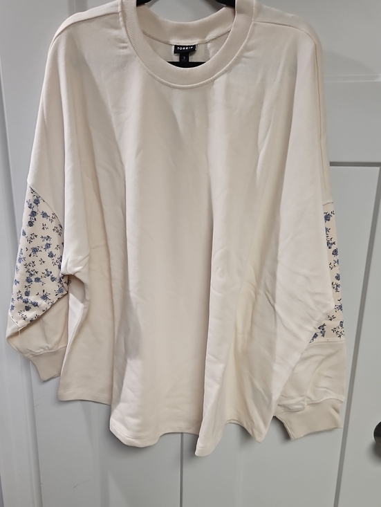 torrid Tops - torrid Cream Sweatshirt with Blue Floral Sleeve Panels